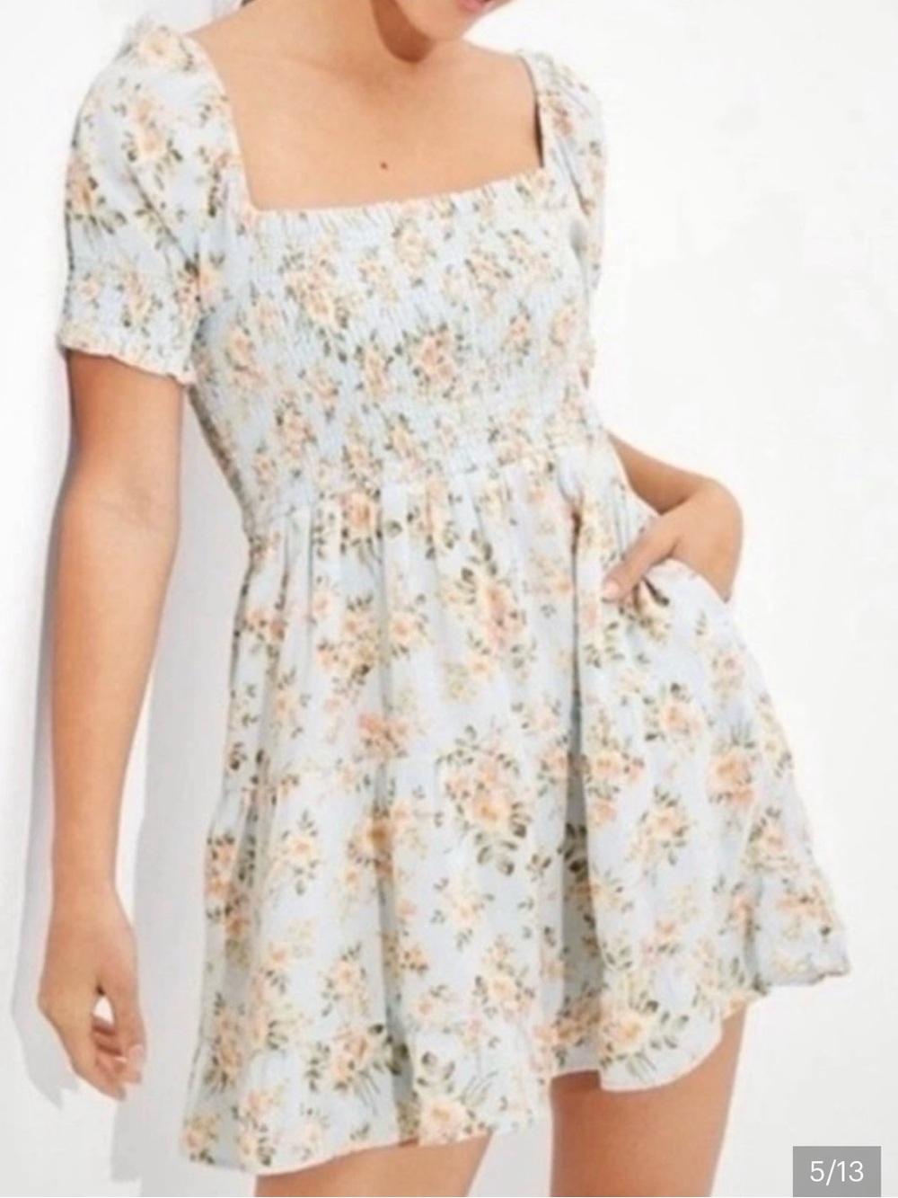 American Eagle NEW Floral Linen Smocked Mini Dress Blue Womens XXL Cottagecore